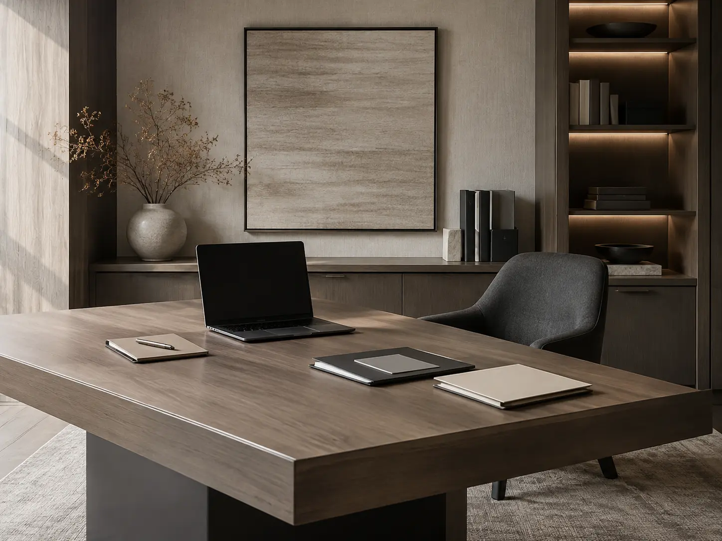 Organized, people-free executive office workspace